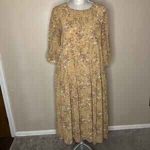 CODE X MODE Tan Tiered Floral Midi Dress Cottagecore Modest Prairie Size S